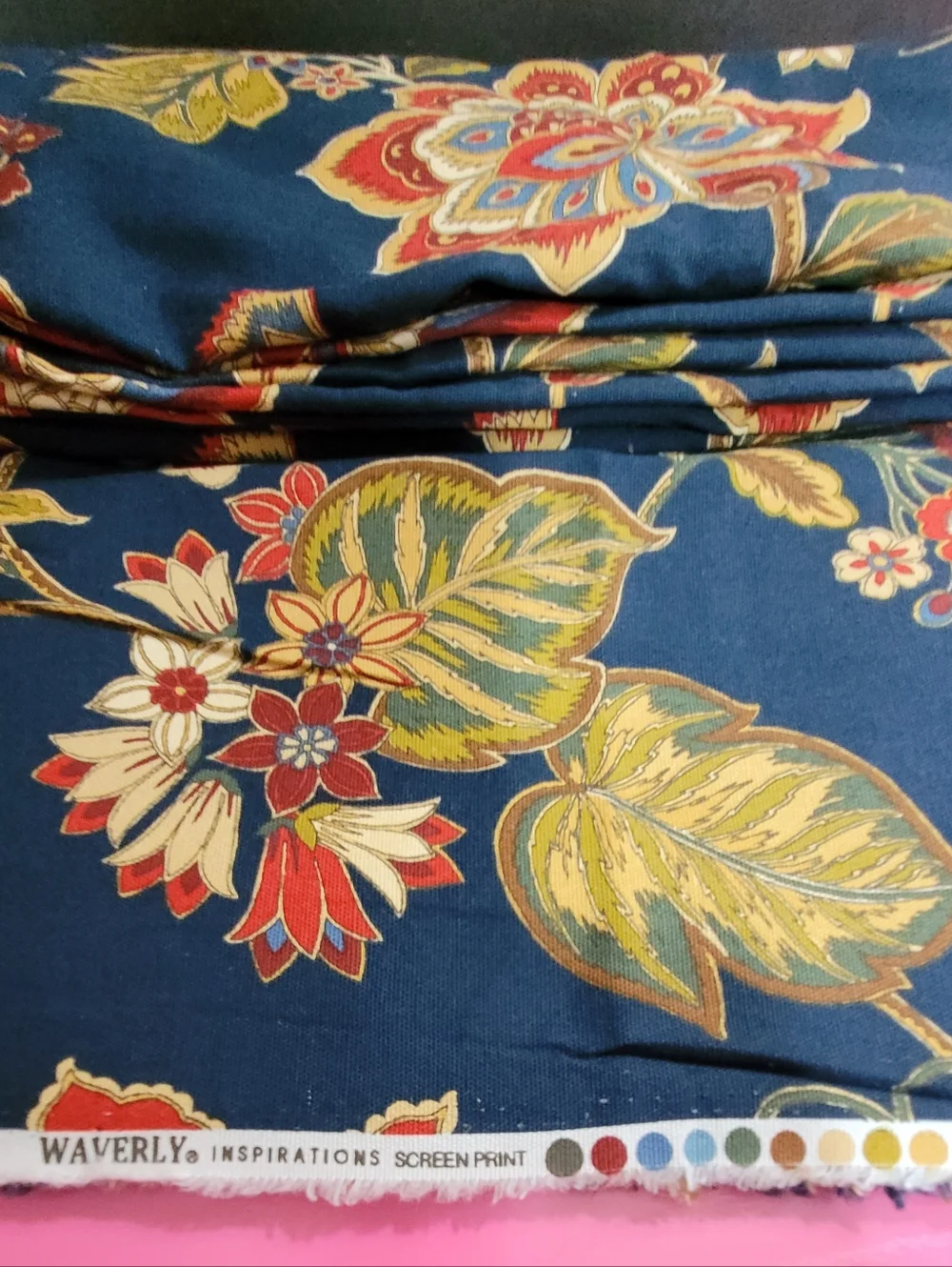 Waverly Inspirations Screen Print Floral Fabric Navy Background 4 Yds (0778)